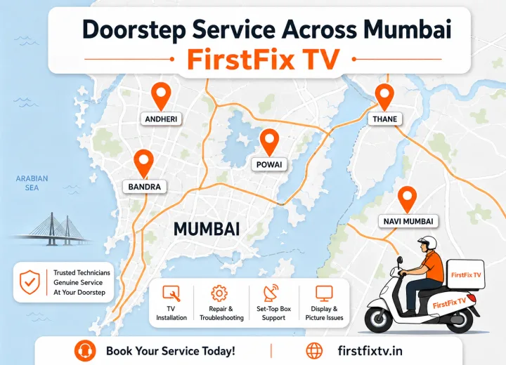 Map showing FirstFix TV doorstep service coverage across Mumbai